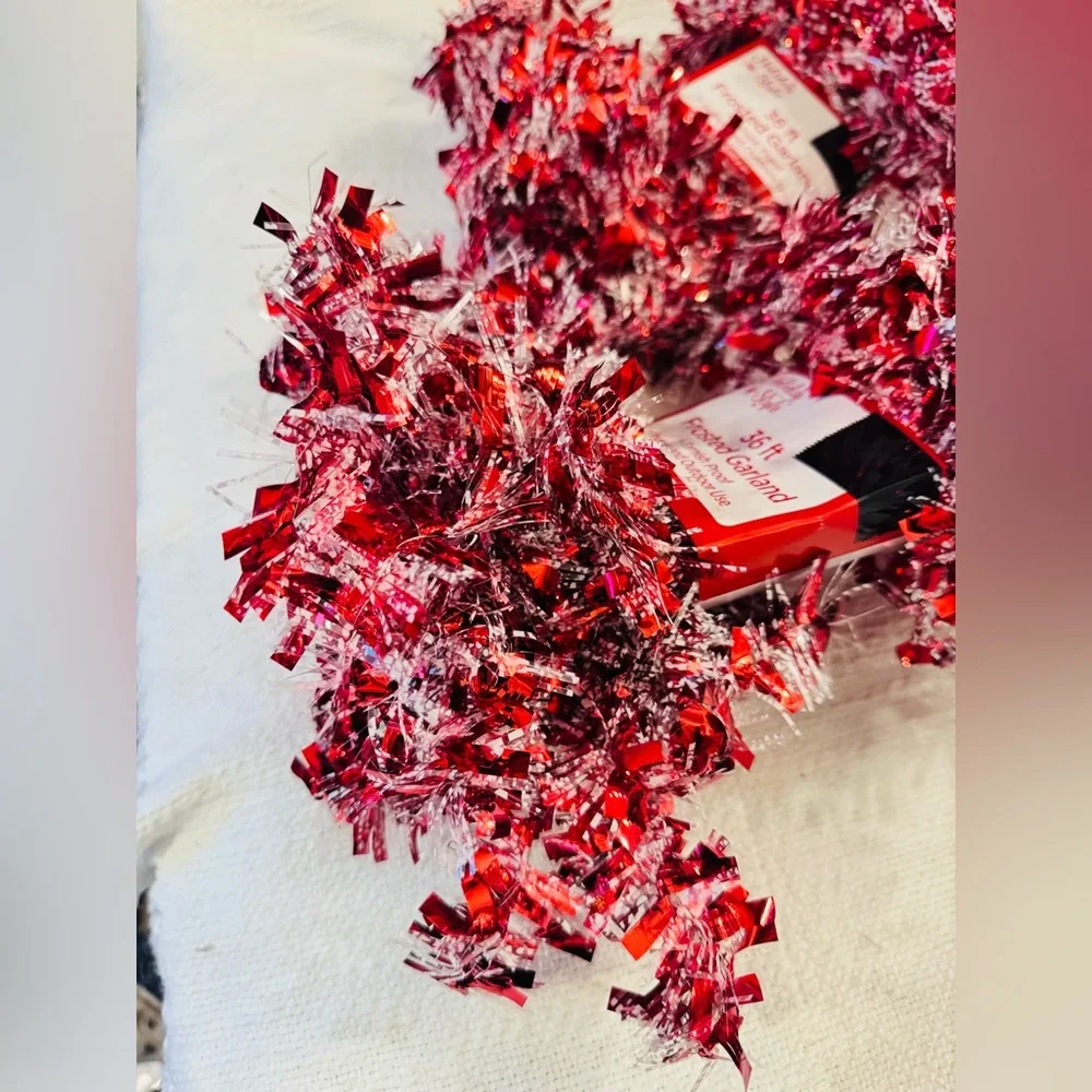 108’ Ft. Metallic Frosted Red & White Tinsel Garland - 3 Packs Indoor Outdoor